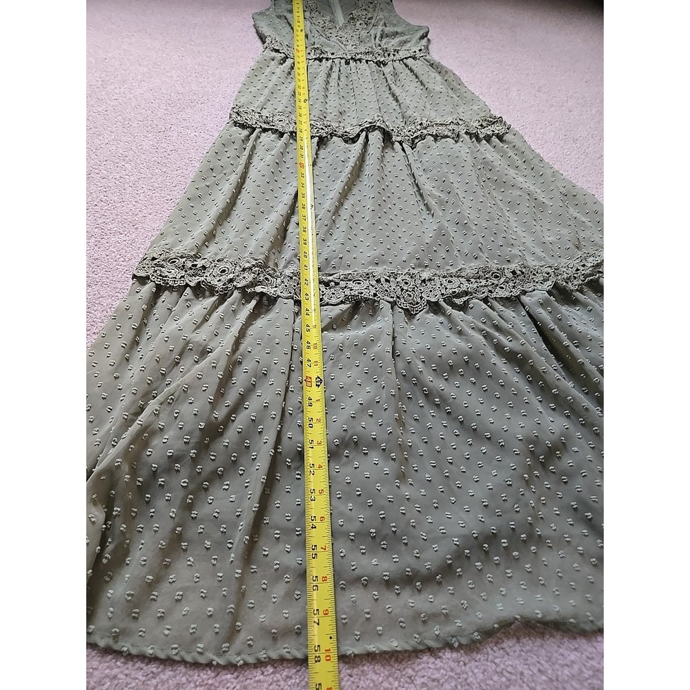 WATER LILY Lace Trim Olive Green Maxi Dress Size Medium M Tiered - Picture 15 of 16